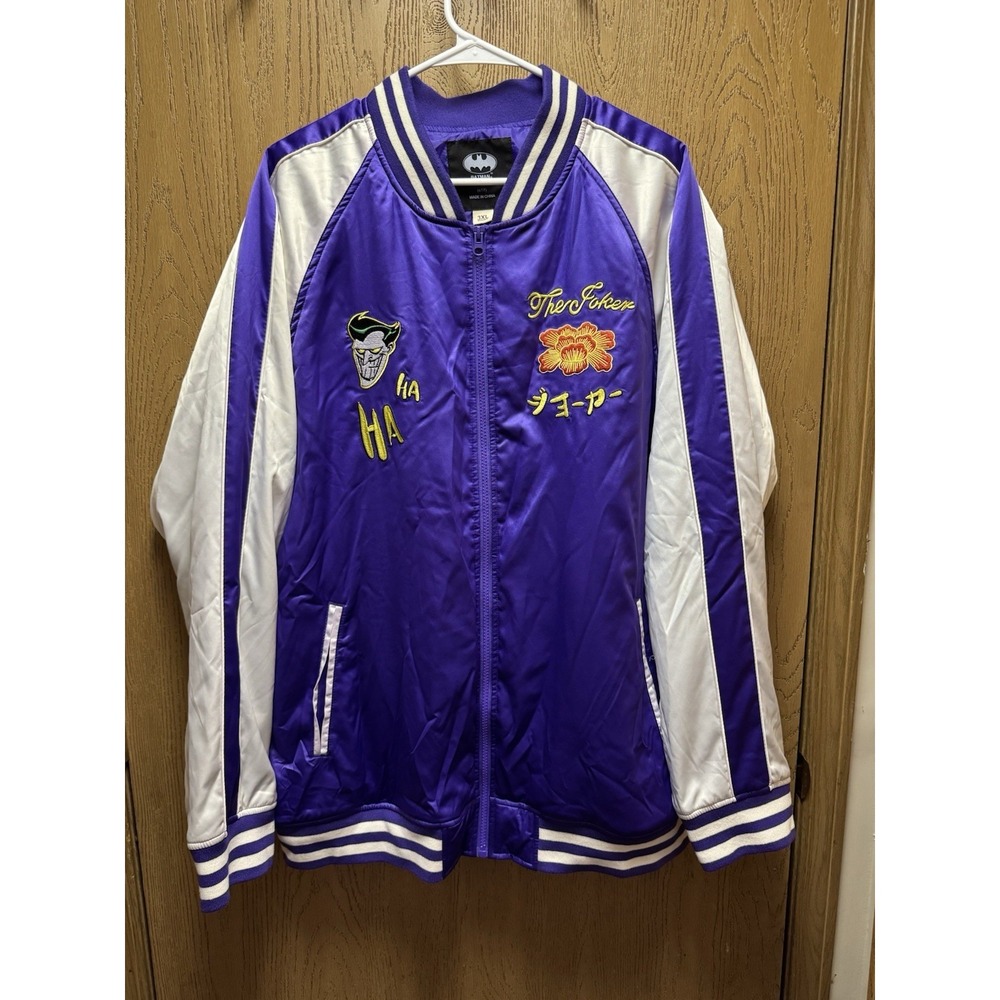 Batman The Joker Bomber Jacket Purple White Satin Varsity Style Mens Size 3XL